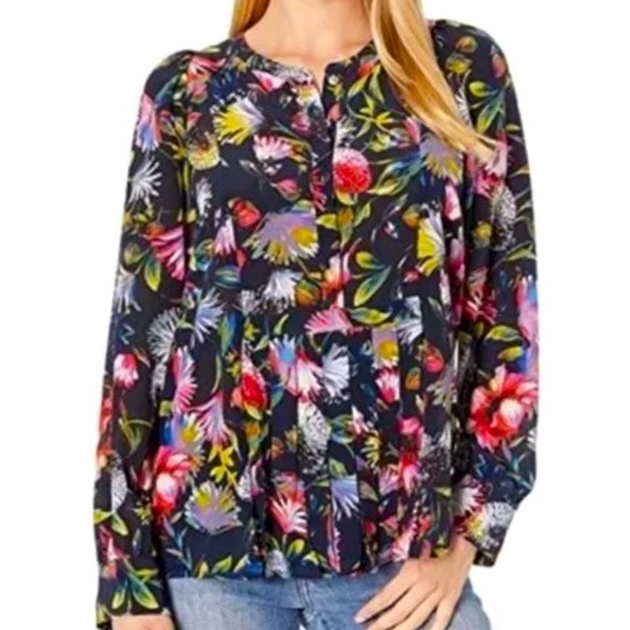J. Crew Top Navy Floral 100% Silk Front Pleated Blouse Size XSP - Picture 2 of 4